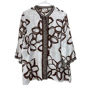 Laura Ashley Size 2X White Brown 3/4 Sleeve 100% Linen Beaded Tunic Blouse